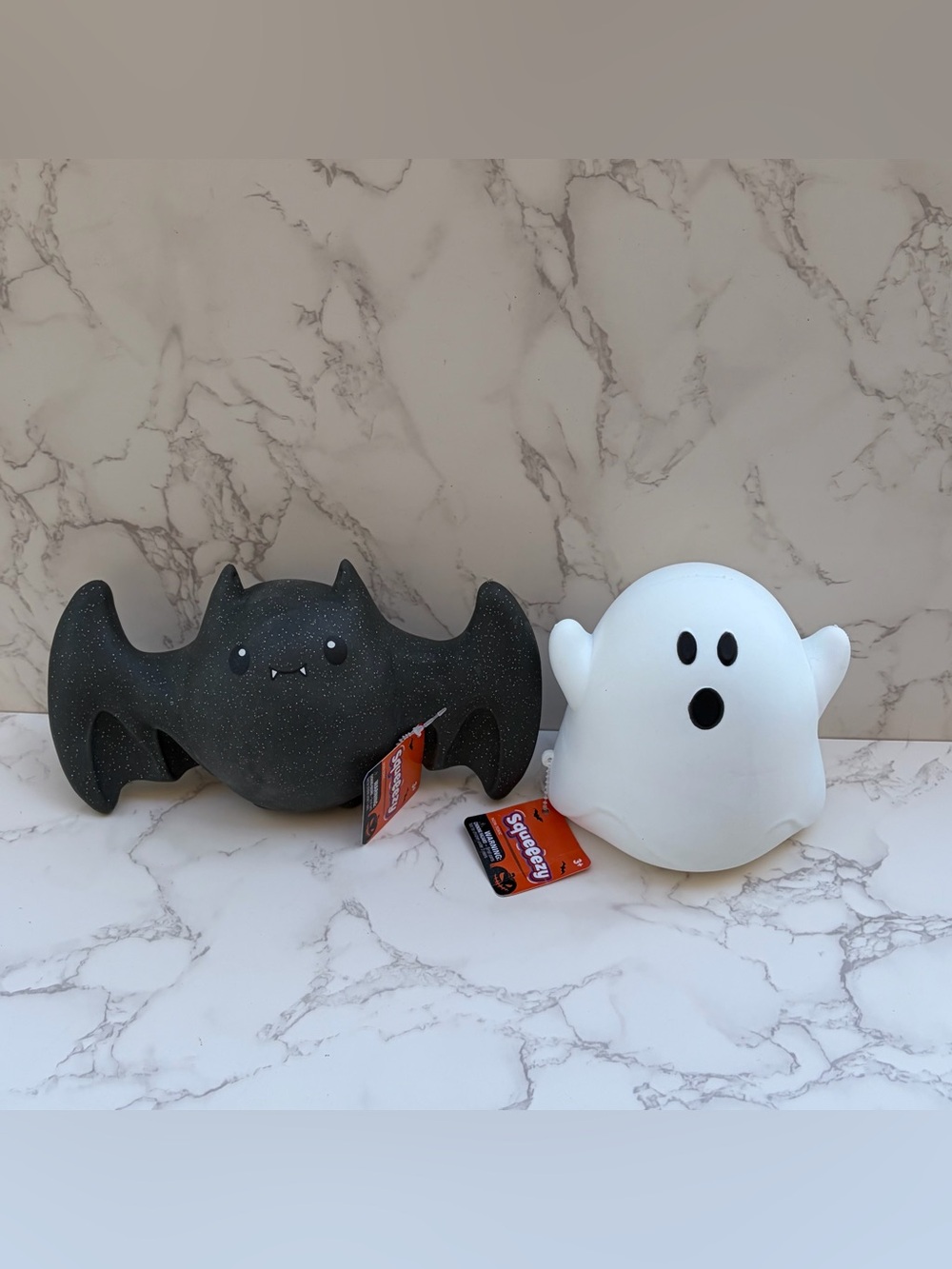 Lot of 2: Squeeezy Halloween Bat & Ghost Squeeze Toys, Black/White NWT